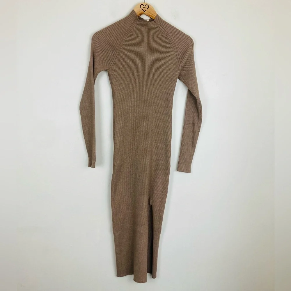 NWT Quince EcoKnit Ribbed Mick Neck Midi sweater dress in warm taupe colorway S - Picture 3 of 9